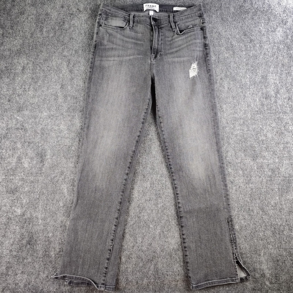 Frame Jeans 29 Le High Straight Gray Wash Distressed Ankle‎ Zip Denim